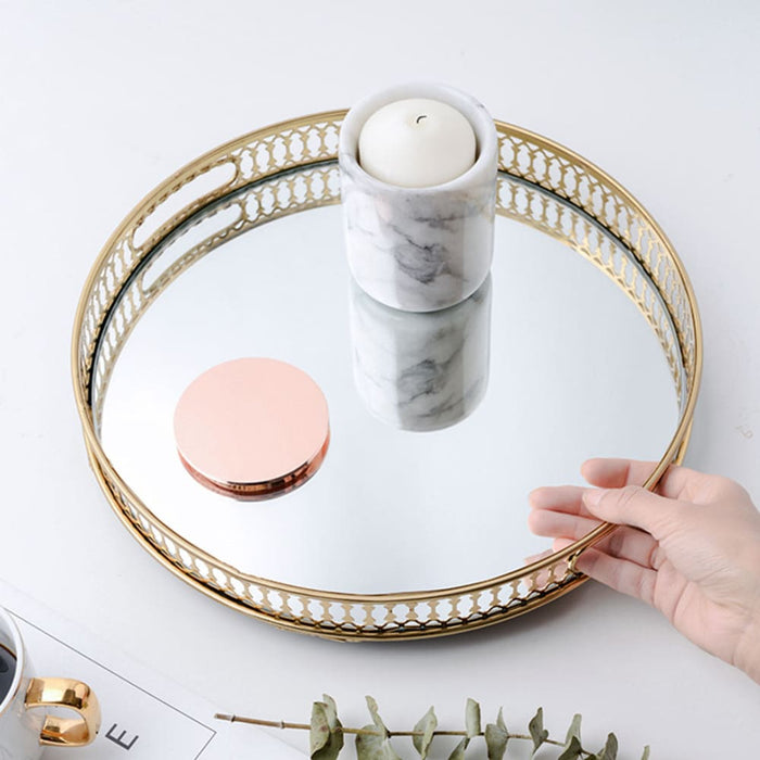 32cm Gold Round Ornate Mirror Glass Metal Tray Vanity Makeup