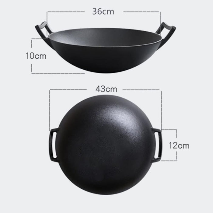 36cm Commercial Cast Iron Wok Frypan With Wooden Lid Fry Pan