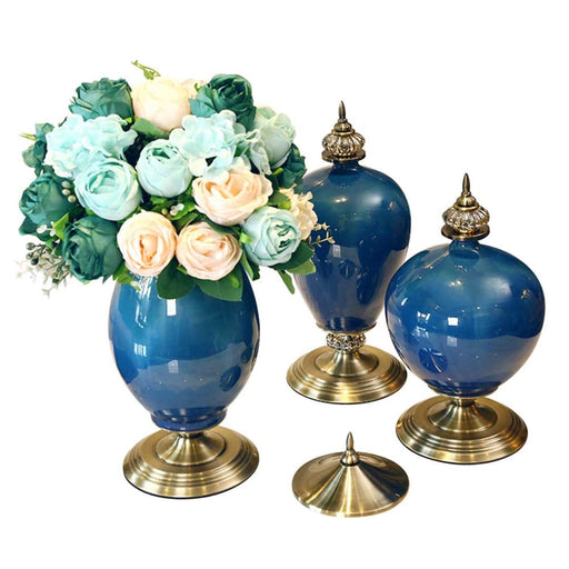 3x Ceramic Oval Flower Vase With Blue Set Dark