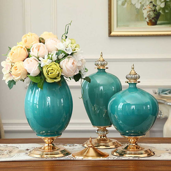 3x Ceramic Oval Flower Vase With White Set Green