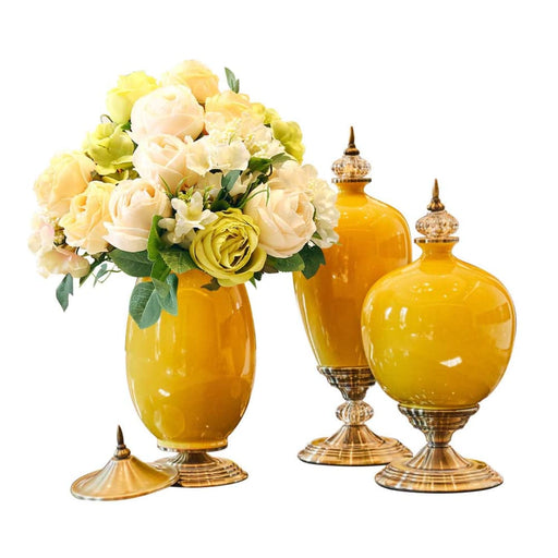 3x Ceramic Oval Flower Vase With White Set Yellow