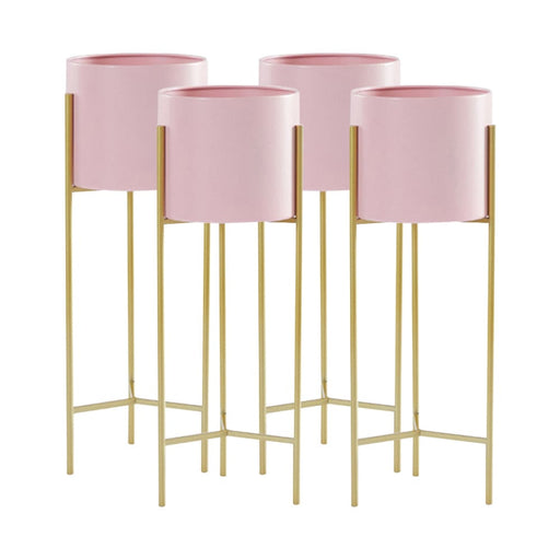 4x 2 Layer 42cm Gold Metal Plant Stand With Pink Flower Pot