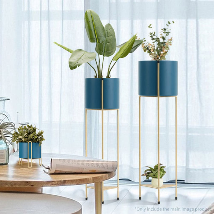 4x 2 Layer 65cm Gold Metal Plant Stand With Blue Flower Pot
