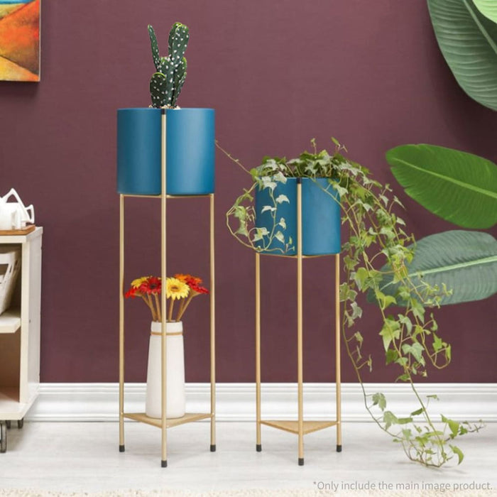 4x 2 Layer 81cm Gold Metal Plant Stand With Blue Flower Pot
