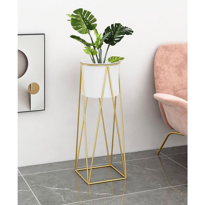50cm Gold Metal Plant Stand With White Flower Pot Holder