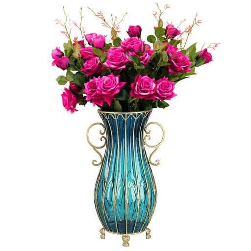 51cm Blue Glass Tall Floor Vase With 12pcs Artificial Fake