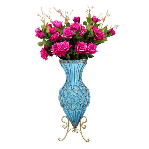 67cm Blue Glass Tall Floor Vase And 12pcs Dark Pink