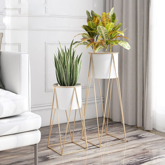 70cm Gold Metal Plant Stand With White Flower Pot Holder