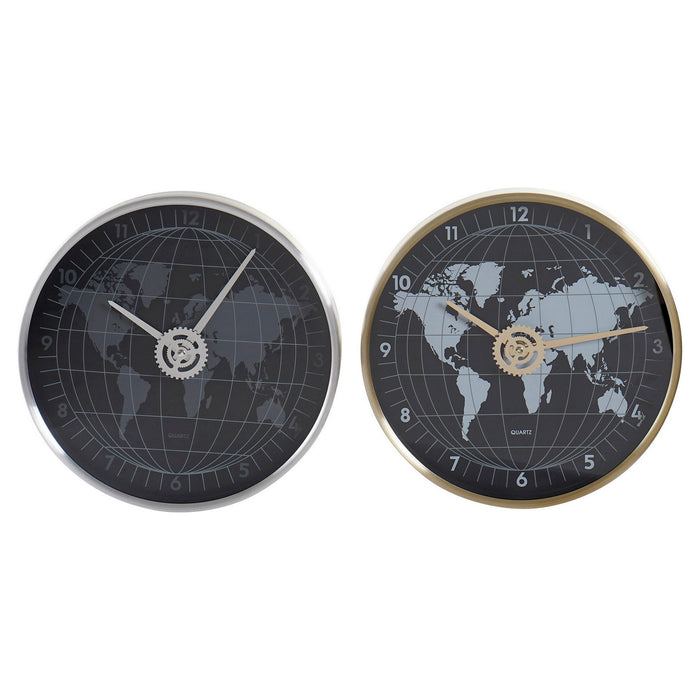 Wall Clock Dkd Home Decor Black Golden Silver Aluminium Crystal World Map 30 X 4.3 X 30 Cm 2 Units