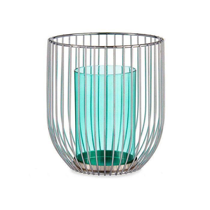 Candleholder Silver Blue Cage Metal Glass 15 X 17 X 15 Cm