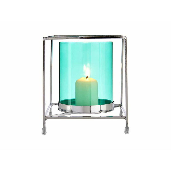 Candleholder Squared Silver Blue 14 x 15.5 Cm Metal Glass