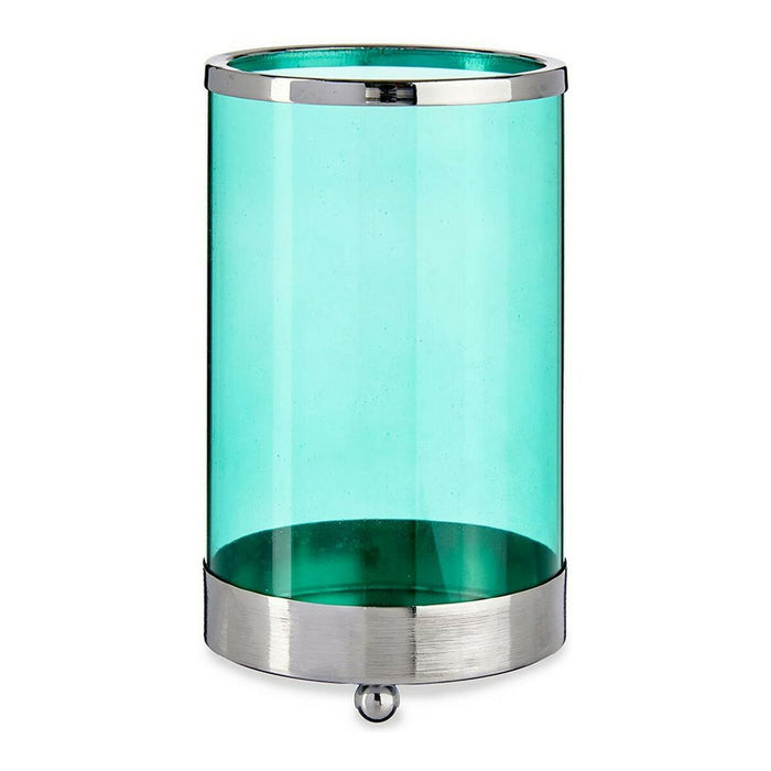 Candleholder Silver Blue Cylinder Metal Glass 9.7 x 16.5 Cm