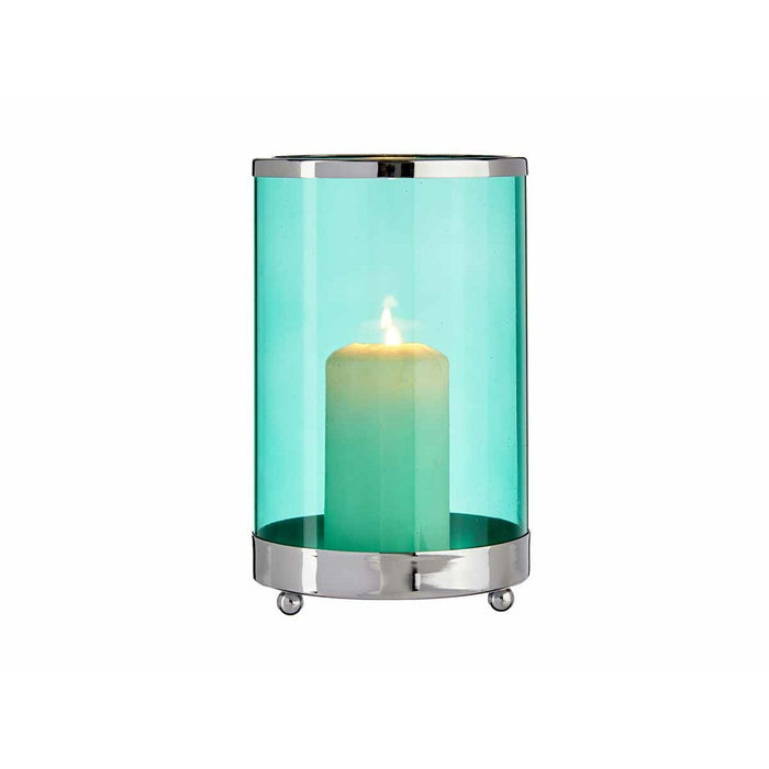 Candleholder Silver Blue Cylinder 12.2 x 19.5 Cm Metal Glass