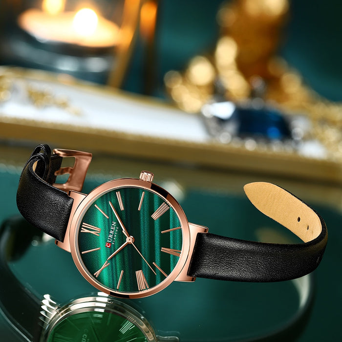 Fashion Luxury Watches for Women Malachite Green Quartz Dress Bracelet Wristwatch with Leather Female Clock