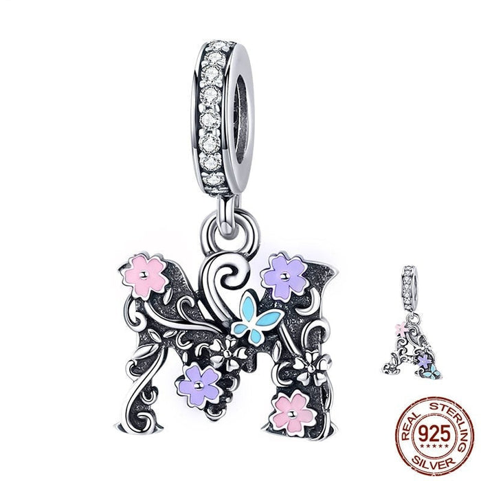 Letter A M Pendant Charm Fit Silver Bracelet Enamel Flower Pattern 925 Sterling Silver Jewelry