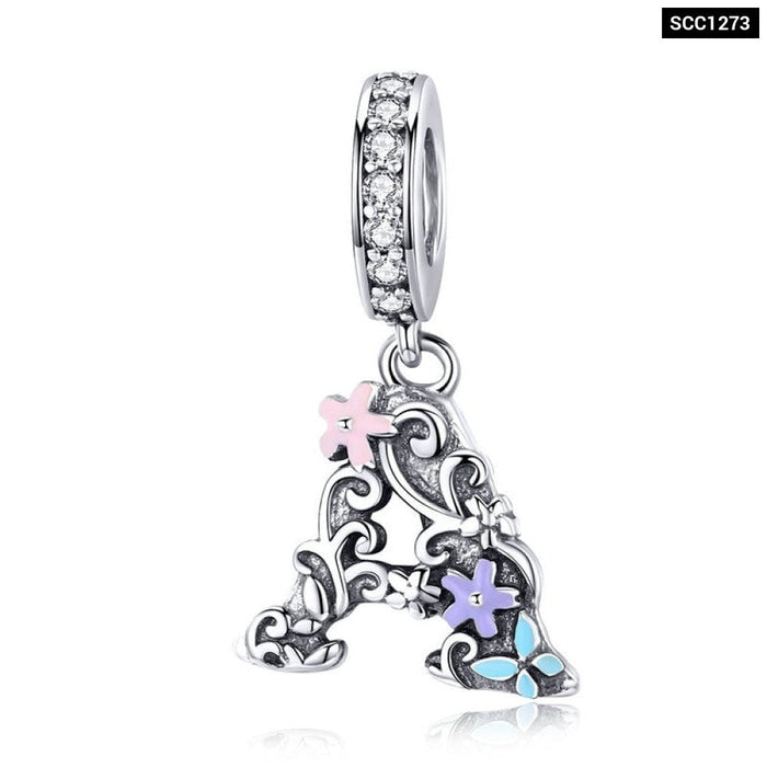 Letter A M Pendant Charm Fit Silver Bracelet Enamel Flower Pattern 925 Sterling Silver Jewelry