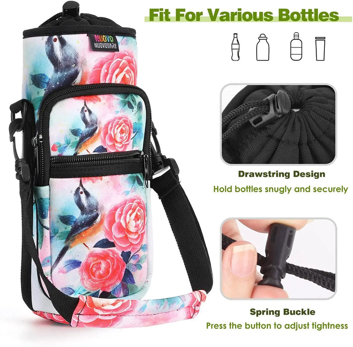 Water Bottle Carrier Bag Adjustable Shoulder Hand Strap 2 Pocket Sling Sleeve Sports Water Bottle Accessories for Hiking Travel