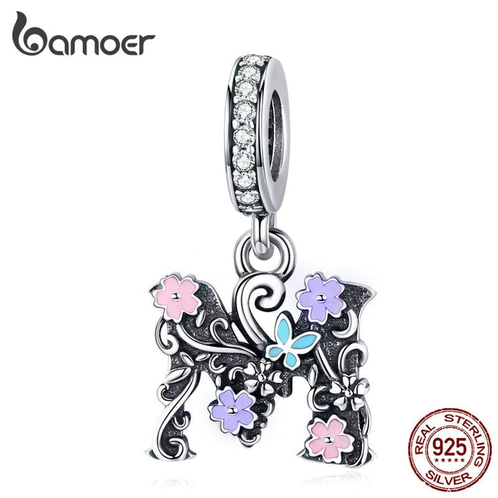 Letter A M Pendant Charm Fit Silver Bracelet Enamel Flower Pattern 925 Sterling Silver Jewelry