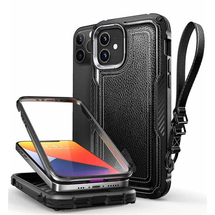 Full-Body Rugged Leather Case With Built-in Screen Protector For iPhone 12 Pro