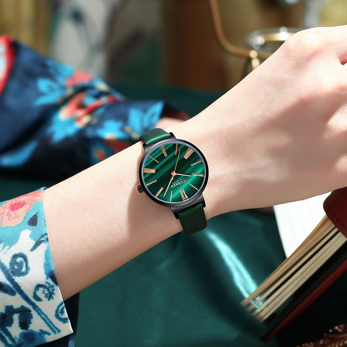 Fashion Luxury Watches for Women Malachite Green Quartz Dress Bracelet Wristwatch with Leather Female Clock