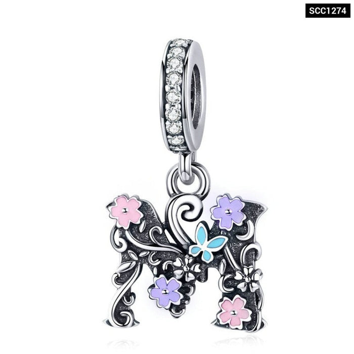 Letter A M Pendant Charm Fit Silver Bracelet Enamel Flower Pattern 925 Sterling Silver Jewelry