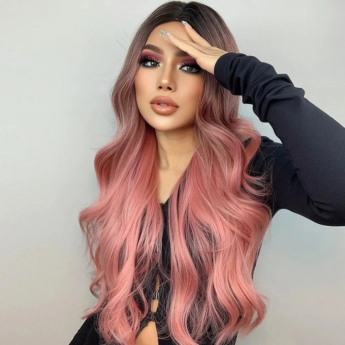 Long Wavy Pink Wig For Women Middle Part Cosplay Synthetic Hair Heat Resistant Natural Look