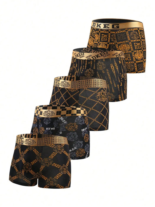 Pack Of 5 Deluxe Black Gold Printed Cotton Boxer Shorts Mens