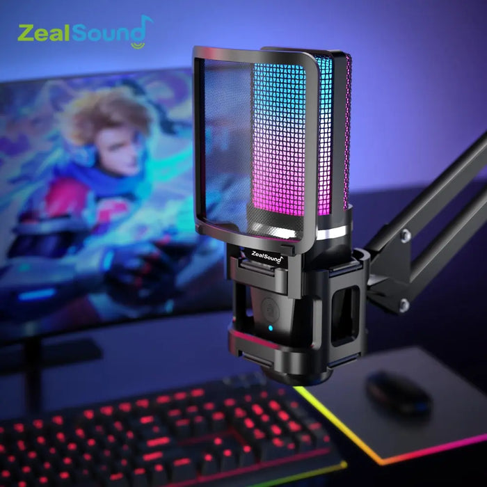 Zealsound Rgb Recording Microphone With Articulated Arm Usb Condenser Mic For Gaming With Tripod