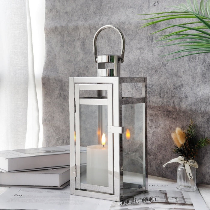 Sliver Stainless Steel Candle Holder Hanging Lantern For Indoor Outdoor Home Decor