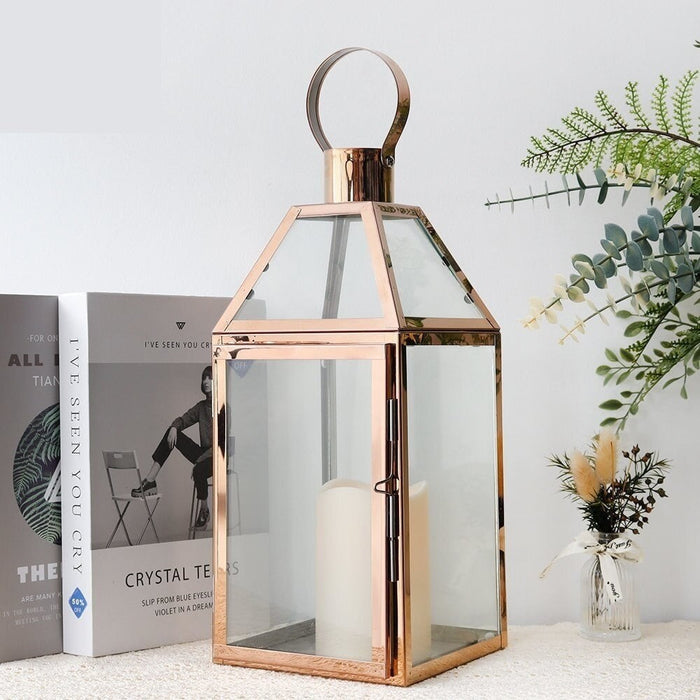 Rose Gold Stainless Steel Candle Holder Lanterns with Tempered Glass For Home Decor