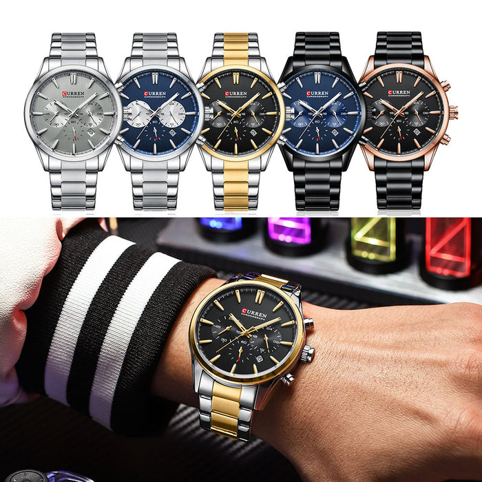 Sports Classic Multifunction three Dials Men's Watches Quartz Stainless Steel Bracelet Auto Date Wristwatch