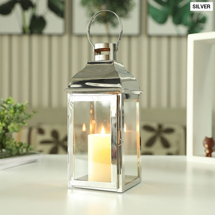 Silver Stainless Steel Metal Candle Holder Lanterns For Indoor Outdoor Home Decor