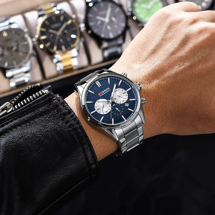 Quartz Chronograph Wristwatches Casual Sport Stainless Steel Multifunction Watch 8446