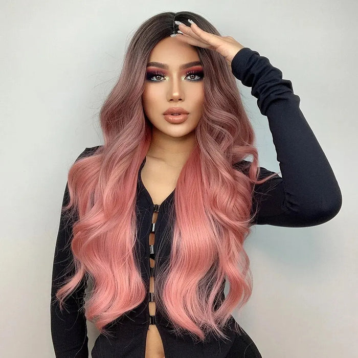 Long Wavy Pink Wig For Women Middle Part Cosplay Synthetic Hair Heat Resistant Natural Look