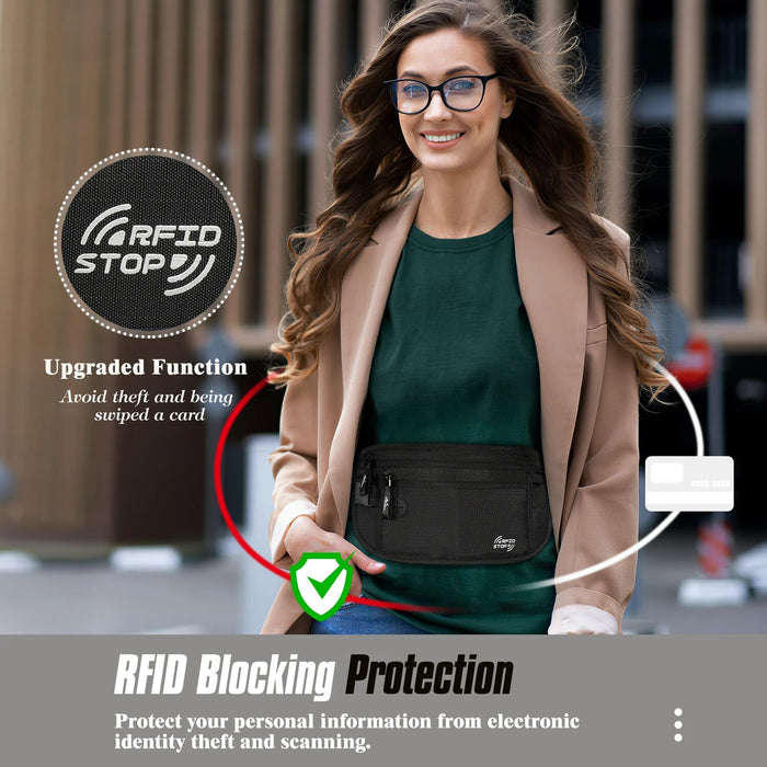 Secure Travel Money Belt Undercover Hidden RFID Blocking Travel Wallet Anti-Theft Passport Wallets for Men & Women Black