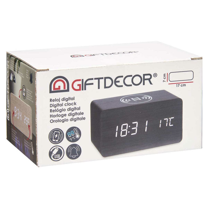 Alarm Clock With Wireless Charger Black Pvc Mdf Wood 15 X 7.5 X 7 Cm 12 Units