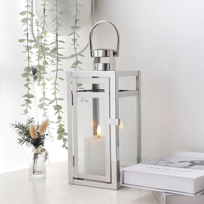 Sliver Stainless Steel Candle Holder Hanging Lantern For Indoor Outdoor Home Decor