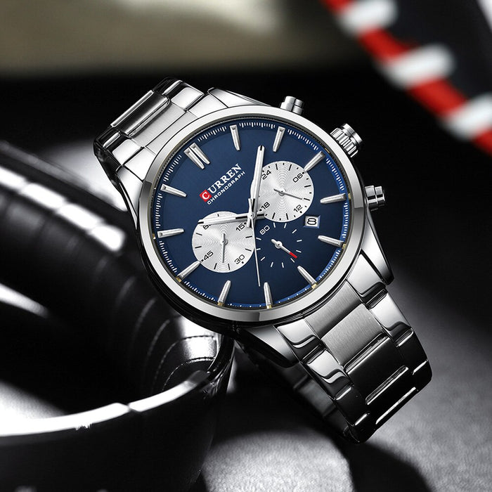 Quartz Chronograph Wristwatches Casual Sport Stainless Steel Multifunction Watch 8446