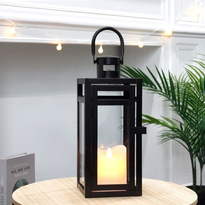 Black Metal Candle Lanterns Hanging With Tempered Glass for Indoor Outdoor Home Decor