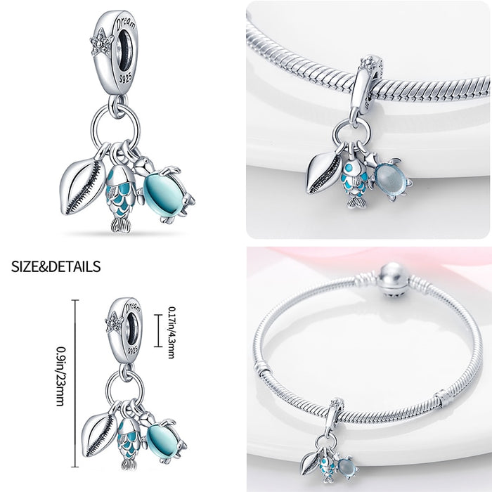 925 Sterling Silver Ocean Series Turtle Crab Mermaid Charms Beads Fit Original Pandora Bracelets Bangles Jewelrys