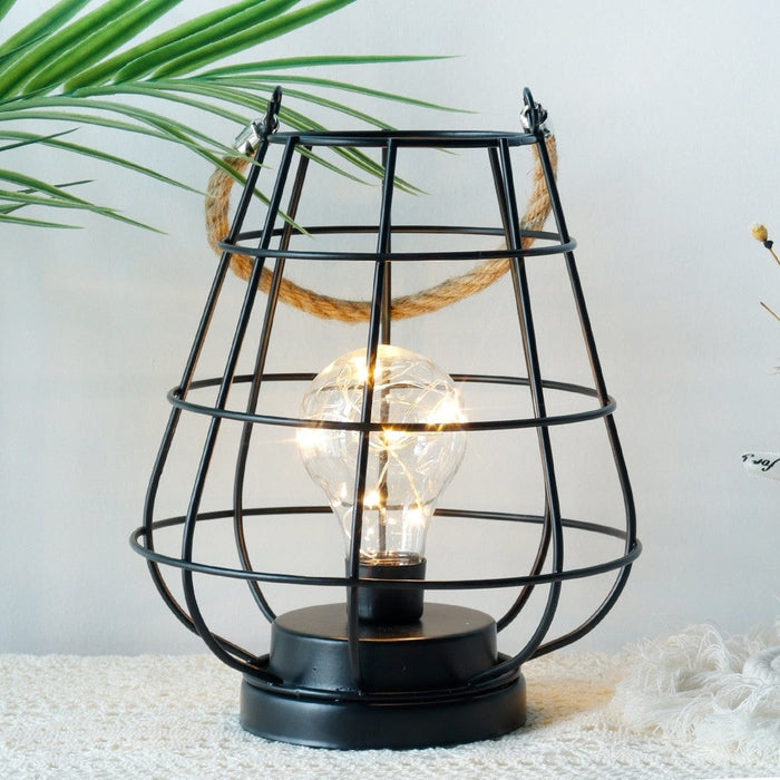 Battery Powered Cage Bulb Table Lamp For Home Decor