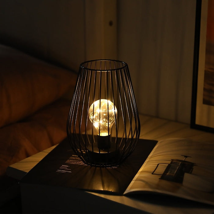 Metal Cordless Battery Operated Cage Shape Lamp With Warm Lights Bulb for Home Decor