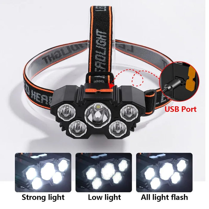 5 Led Rechargeable Flashlight With Built In 18650 Battery Strong Light For Camping Fishing And Adventure