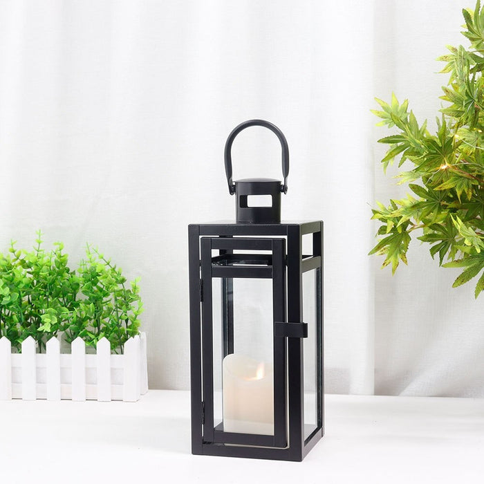 Black Metal Candle Lanterns Hanging With Tempered Glass for Indoor Outdoor Home Decor