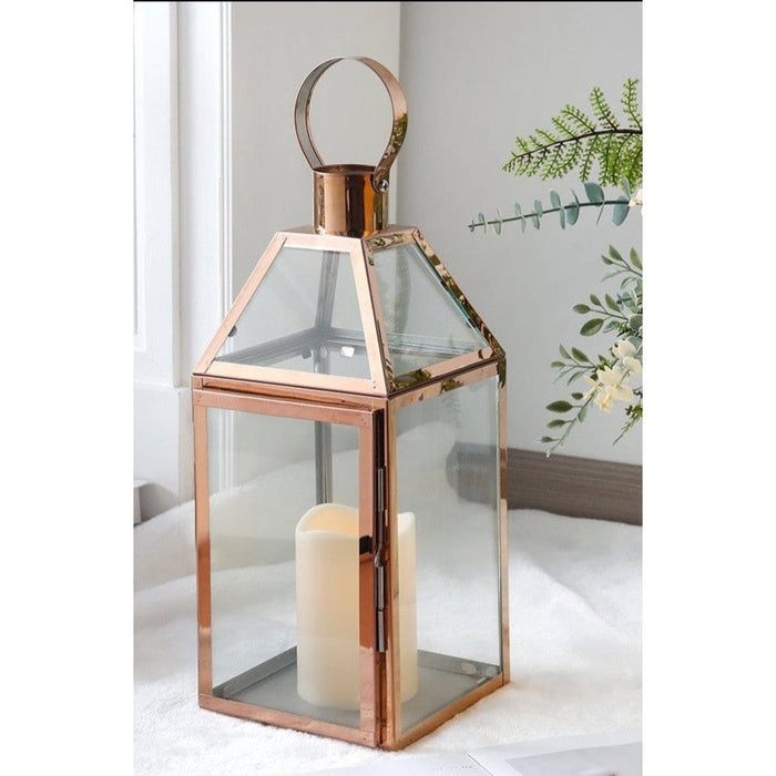 Rose Gold Stainless Steel Candle Holder Lanterns with Tempered Glass For Home Decor