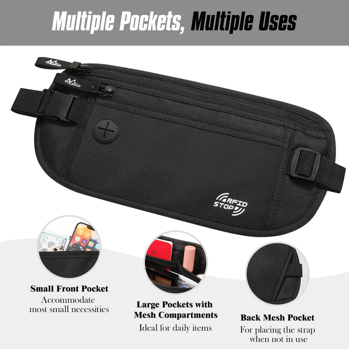 Secure Travel Money Belt Undercover Hidden RFID Blocking Travel Wallet Anti-Theft Passport Wallets for Men & Women Black