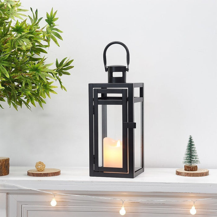 Black Metal Candle Lanterns Hanging With Tempered Glass for Indoor Outdoor Home Decor