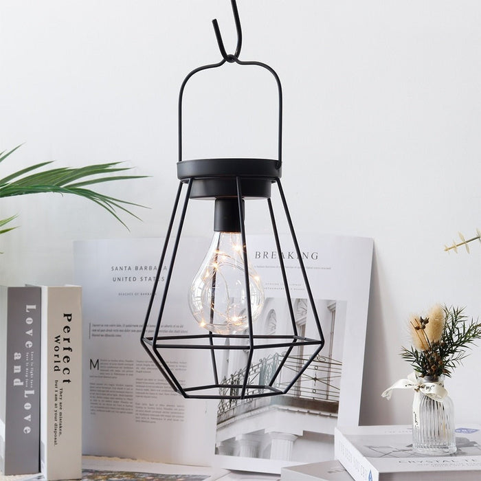 Cordless Diamond Metal Cage Battery Powered HangingTable Lamp With LED Bulb