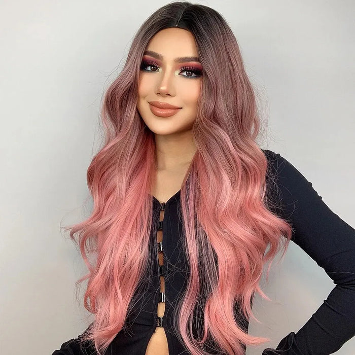 Long Wavy Pink Wig For Women Middle Part Cosplay Synthetic Hair Heat Resistant Natural Look