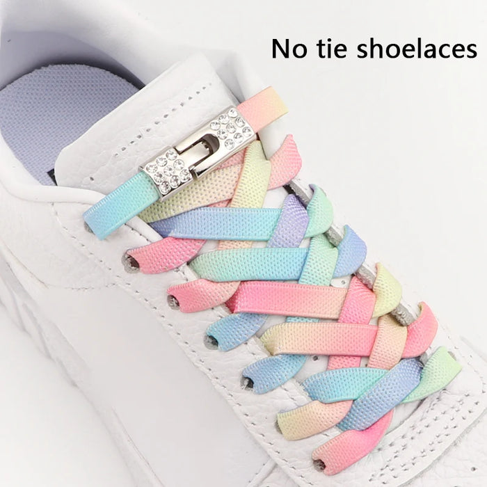 Rainbow No Tie 8Mm Wide Flats Diamond Cross Buckle Rubber Shoe Laces For Kids & Adults Shoes